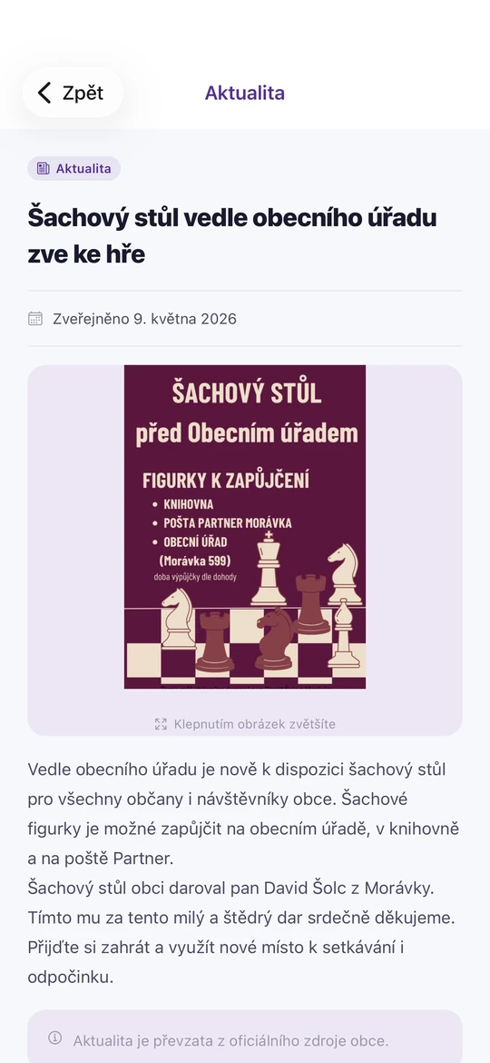 Detail aktuality v ukázkové aplikaci obce