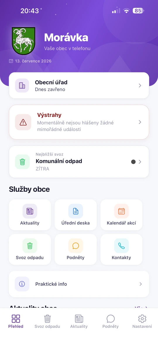 Hlavní obrazovka ukázkové aplikace obce - přehled služeb, nejbližší svoz odpadu a aktuality