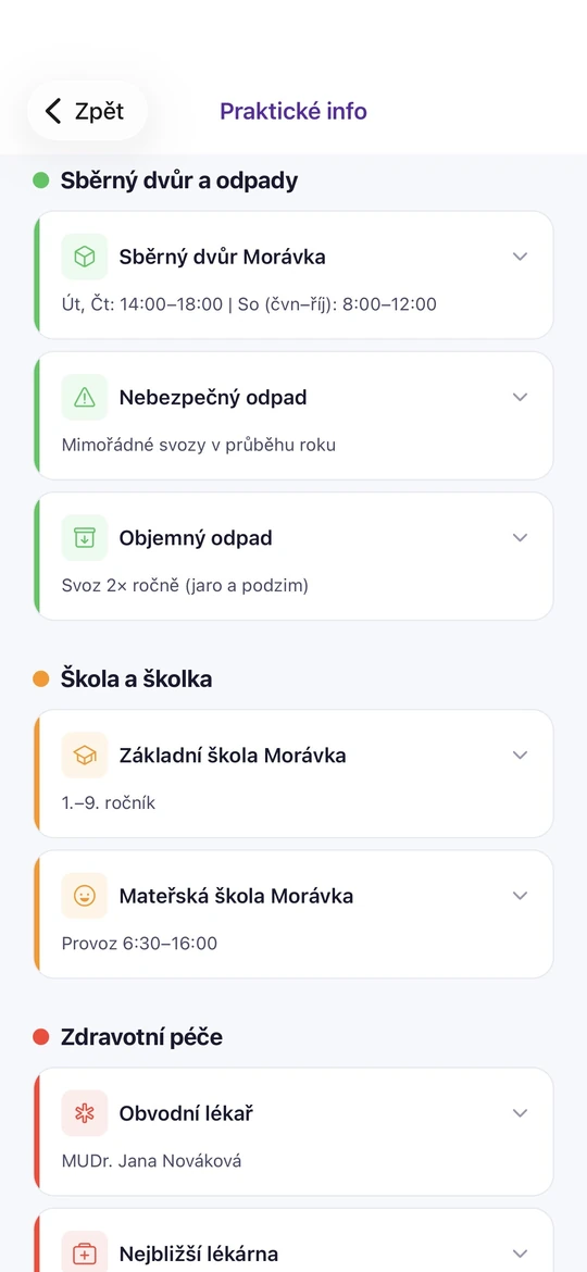 Praktické informace v aplikaci - sběrný dvůr, škola a zdravotní péče
