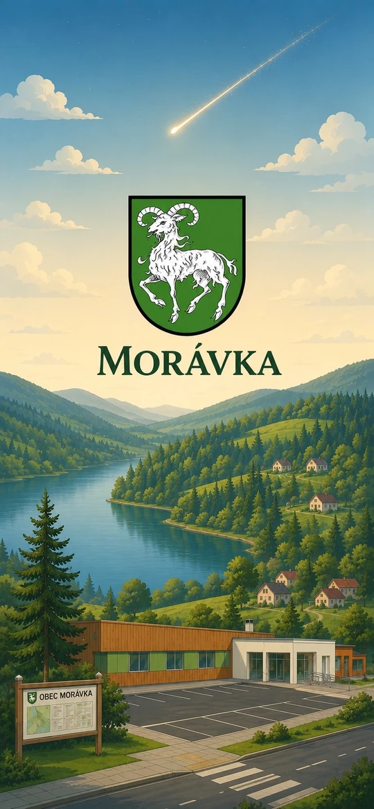 Úvodní obrazovka ukázkové aplikace s ilustrací obce a znakem